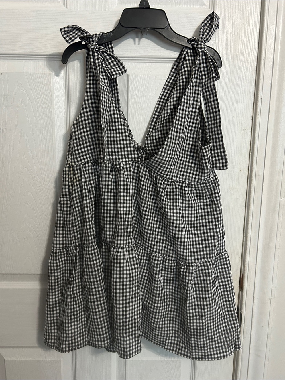 Gingham Tie-Shoulder Tiered Mini Dress - Black & White
